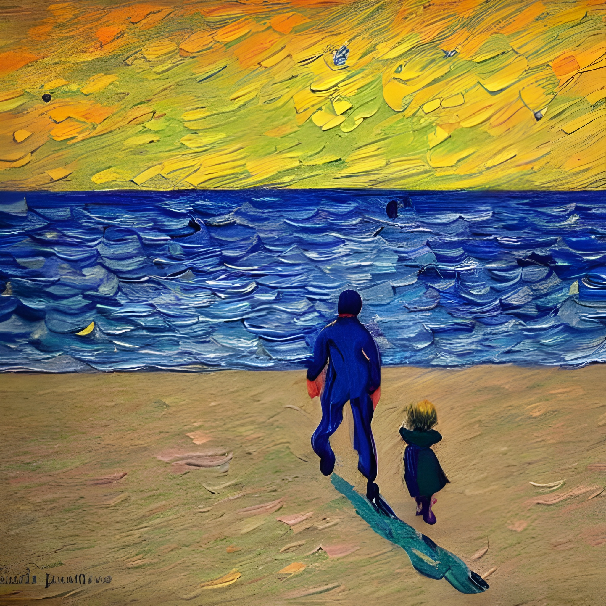 oil painting of man and child walking on the beach