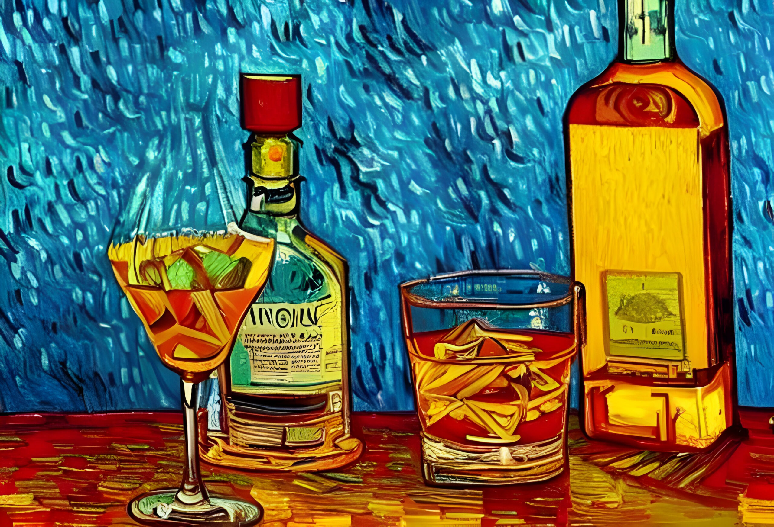 painting of bottles of liquor on a table